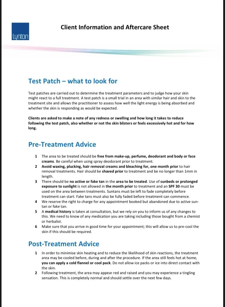 IPL Aftercare Sheet 1
